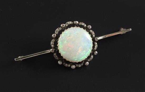 A Edwardian white gold, white opal and diamond set bar brooch, 2.5in.